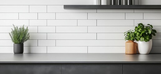 Clean kitchen counter with fresh herbs and modern design elements, creating a sleek minimalist look.