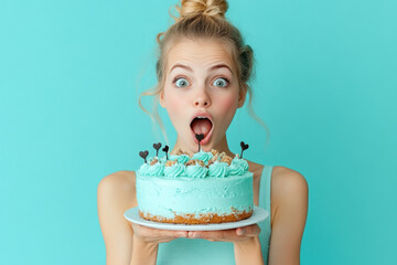 Young woman balances cake with her mouth.