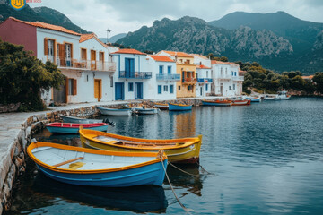 Fototapeta premium Boats docked in a cozy village harbor, with colorful houses lining the shore under a clear blue sky on a sunny day.
