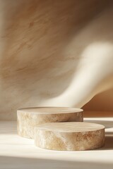 Minimalist stone platforms in a serene, sunlit setting with soft shadows.