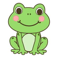 Cute cartoon frog with rosy cheeks and a big smile vector illustration isolated on white background.