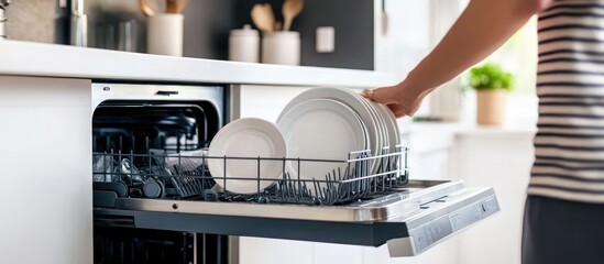 A woman loads white plates into a dishwasher in a modern kitchen setting.
