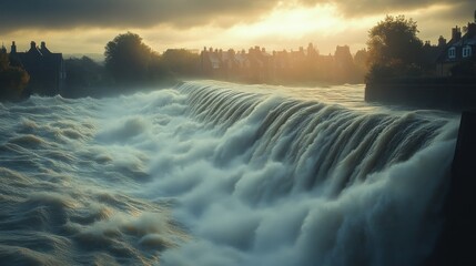 Sunset Over a Waterfall with Urban Backdrop
