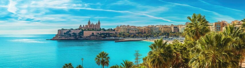 Fototapeta premium Scenic coastal view with palm trees and historic architecture under a vibrant blue sky.