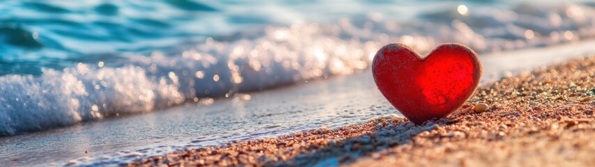 Fototapeta premium A red heart-shaped stone on a sunny beach with gentle waves.