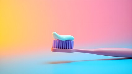 A photograph of a pink and purple toothbrush with a single bristle toothpaste squeezed onto the bristles