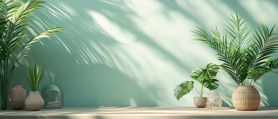 Sunlit modern minimalist room with green potted plants casting shadows on a pastel wall.
