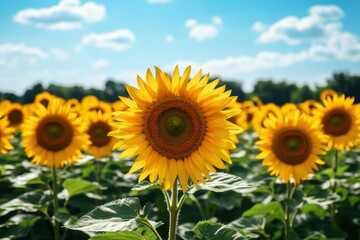 Fototapeta premium Sunflowers in a vast golden field under a clear blue sky, basking in bright sunlight.