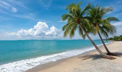 Palm trees swaying over quiet beach with crystal blue ocean and minimal white clouds in the horizon