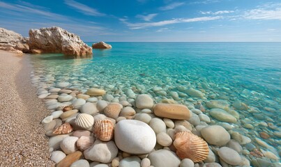Smooth rocks near shallow beach waters, with crystal clarity showing underwater pebbles and shells