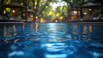 Serene Evening by the Poolside with Glowing Lights and Lush Greenery