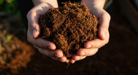Hands holding coconut substrate soil in natural sunlight  