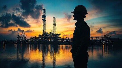 Fototapeta premium Silhouette of Oil and Gas Workers Against Sunset Industrial Scene