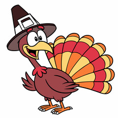 Cartoon Thanksgiving turkey in pilgrim hat on white background, perfect for holiday designs and festive