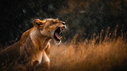 Powerful lioness roaring in a downpour