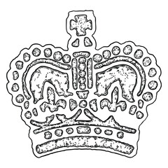 King or Queen crown on in vintage etching style. Coronation headdress for king and queen. Royal noble aristocrat monarchy jewel crown. Monarch jewels treasure symbol. Hand drawing vector.