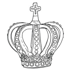 Coronation crown for king or queen. Symbolic religious ceremony while sovereign is crowned to monarch's head with crown. Monarch is the head of the Church of England with title and powers. © desertsands