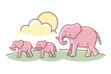 Cartoon Elephant Family Walking Together Under The Sun Cute Illustration
