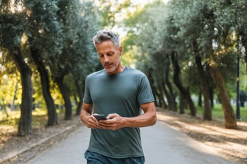 Obraz premium A man using a fitness app on his smartphone while jogging in a park, motivated