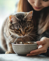 Young Asian woman lovingly feeding her cat in a cozy indoor setting