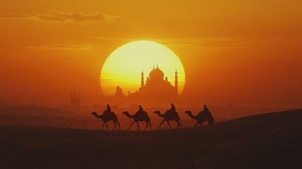 Camel caravan silhouetted against a desert sunset with a mosque in the background.