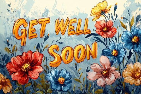 Get well soon greeting card with beautiful colorful flowers, AI Generated