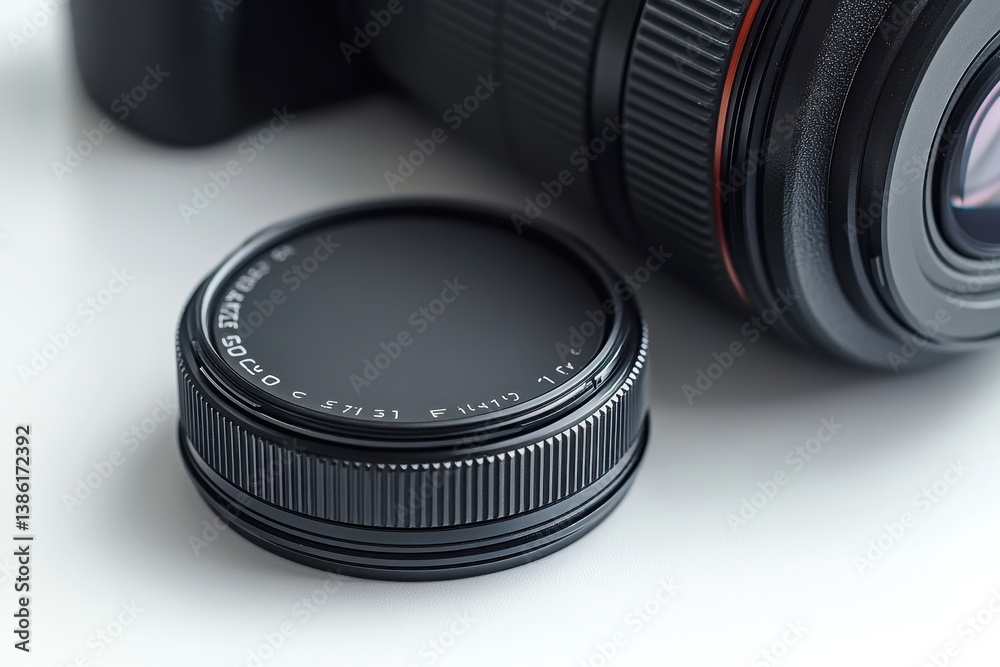 Poster close-up of a camera lens and filter showcasing detailed craftsmanship in a well-lit indoor setting,