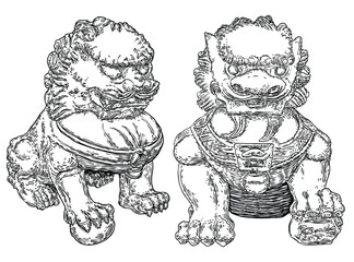 Imperial guardian lions set, foo dog or fu dog in western languages. Stylized Chinese lions, male with a ball and female with a cub. Protect the building from harmful spiritual influences. Vector.