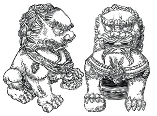 Imperial guardian lions set, foo dog or fu dog in western languages. Stylized Chinese lions, male with a ball and female with a cub. Protect the building from harmful spiritual influences. Vector.