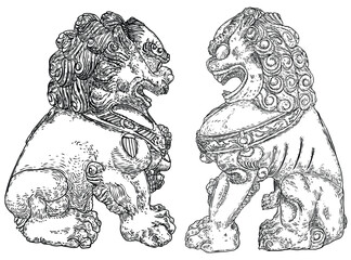 Imperial guardian lions set, foo dog or fu dog in western languages. Stylized Chinese lions, male with a ball and female with a cub. Protect the building from harmful spiritual influences. Vector.