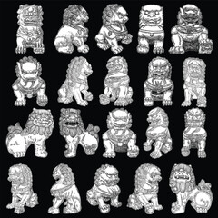 Set of Chinese guardian lions statue hand drawn illustration. Traditional Chinese architectural ornament made of stone. Stone lion or shishi made for protection harmful spiritual influences. Vector.