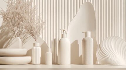 White cosmetic product display, sunlit background, modern design