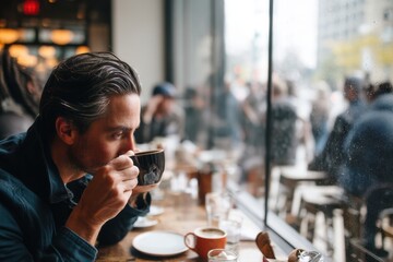 A man enjoying his morning coffee ritual in a bustling cafe