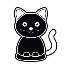 Cute cartoon black feline kitten with a bow and ball, a funny vector illustration of domestic pets