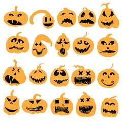 Pumpkin heads for Halloween emotions faces and spooky horror set. Halloween character design and pumpkins funny faces for carving and cut outs. Autumn holidays. Carved faces silhouettes. Vector.