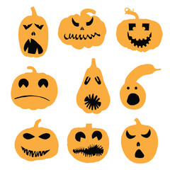 Happy Halloween carving templates of pumpkin heads with faces and emotions. Collection of Halloween pumpkins silhouettes for carve and design decorations. Scary funny Jack O Lantern faces cut. Vector.