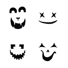 Monsters and creatures carving templates emotion face for Halloween Holidays. Cartoon faces, expressive eyes and mouth, smiling, crying face expressions. Caricature doodle. Isolated Vector.