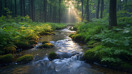 Obraz premium Sunbeams stream through misty forest creek