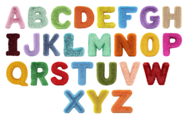 Vibrant uppercase letters made of fluffy, furry textures in various colors, neatly arranged on a white background