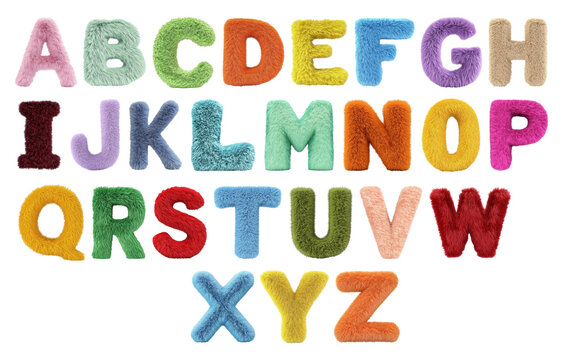Vibrant uppercase letters made of fluffy, furry textures in various colors, neatly arranged on a white background