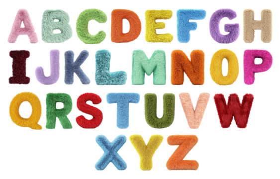 Vibrant uppercase letters made of fluffy, furry textures in various colors, neatly arranged on a white background