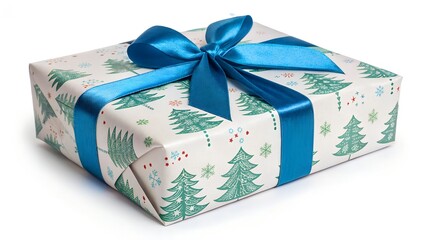 A single festive gift box wrapped in white paper featuring a pattern of green Christmas trees and snowflakes.
