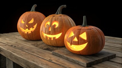 Three carved Halloween pumpkins, or jack-o'-lanterns, glowing brightly from within, 