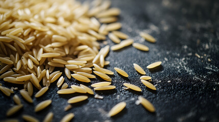 Obraz premium A delicate arrangement of orzo pasta on a dark surface, with each grain carefully placed to form a visually soothing and symmetrical design.