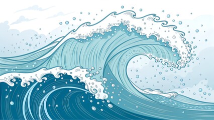 Detailed illustration of a large, powerful ocean wave cresting and breaking with significant white foam, spray, and bubbles
