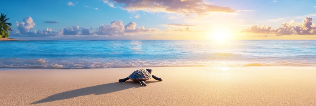 Baby Turtle Sunset Beach Scene - A baby sea turtle crawls towards the ocean at sunset on a sandy beach. Symbolizing new beginnings, hope, journey, nature, and wildlife