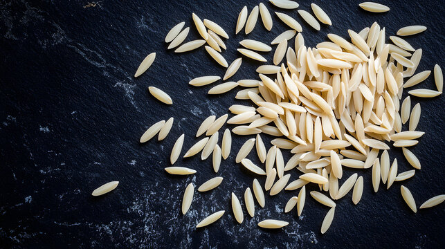 A delicate arrangement of orzo pasta on a dark surface, with each grain carefully placed to form a visually soothing and symmetrical design.