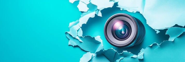 Camera Lens Through Torn Paper - A camera lens peeks through a tear in light blue paper, creating a striking visual. Ideal for , technology, or creative concepts