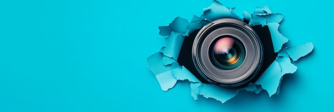 Camera Lens Through Torn Paper - Close-up of a camera lens peering through a torn hole in bright blue paper