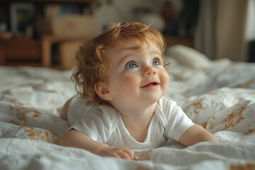Fototapeta premium Adorable Baby Boy Lying on Bed, Looking Upwards